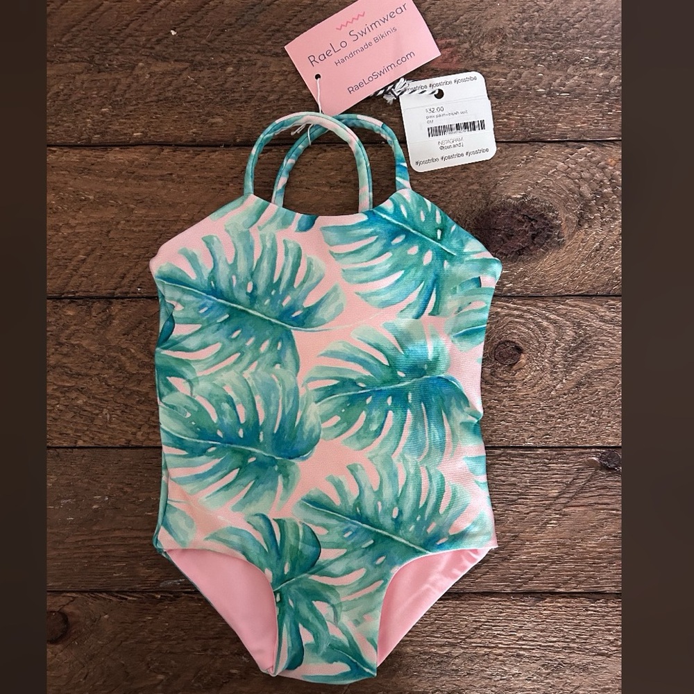 RaeLo baby swimsuit, size 6 months, blush with palms